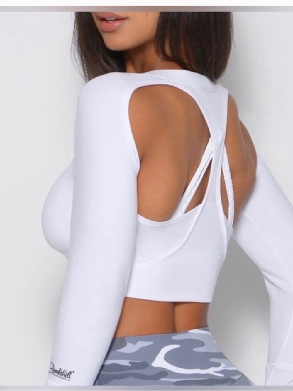Original  Bombshell Sportswear White Long-Sleeve Crop Top with Thumbholes